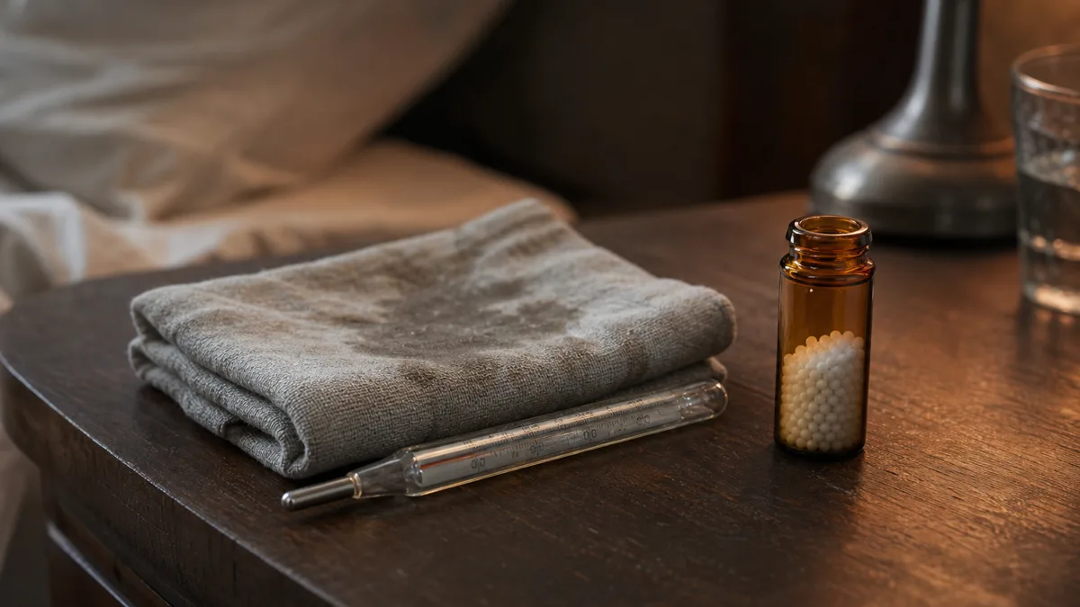 Elternhand an der Stirn eines fiebrigen Kindes im Bett, auf dem Nachttisch ein digitales Fieberthermometer und ein braunes Röhrchen mit weißen Globuli