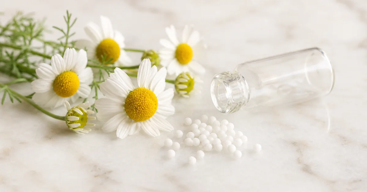 Homöopathische Globuli aus einem Braunglasfläschchen neben Kamillenblüten